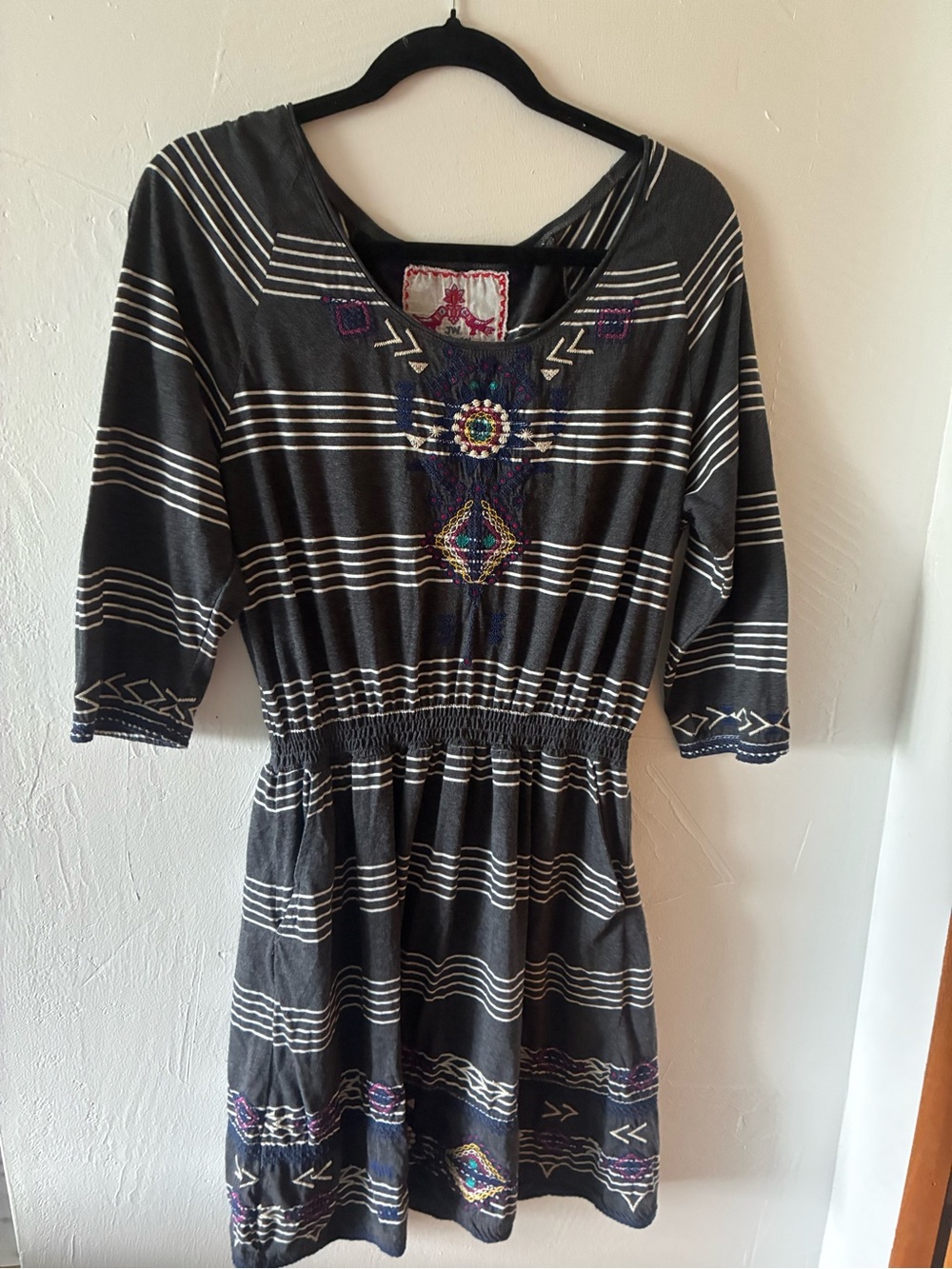 Johnny Was Embroidered Black Striped Boho Dress Large
